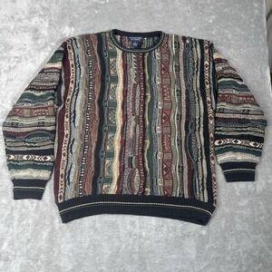 Roundtree & Yorke Men XL Coogi Style Sweater 3D Textured Knit Multicolor Vtg 90s